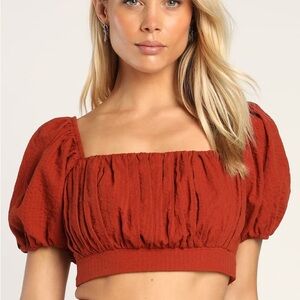 Lulus red brown puff sleeve crop top